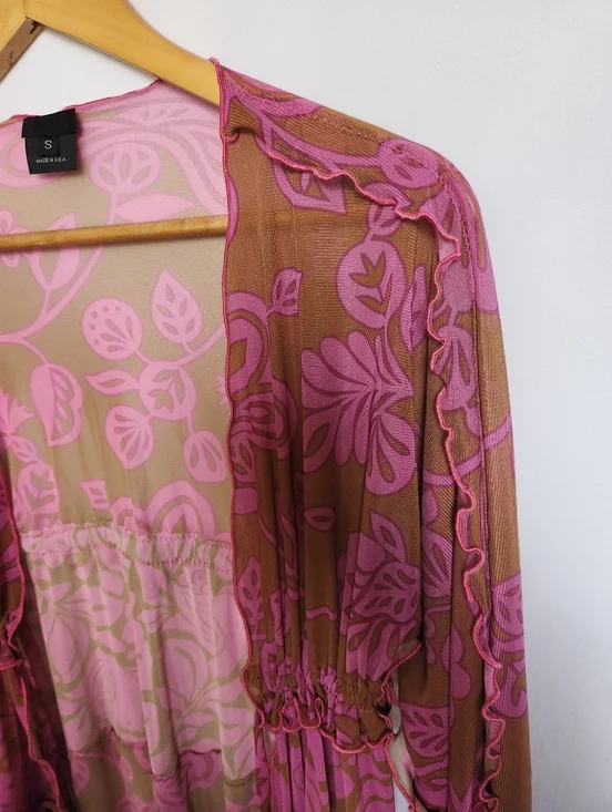 Ana Sui Pink And Tan Ruffled Mesh Open Top With Drawstring Size Small - Picture 5 of 8